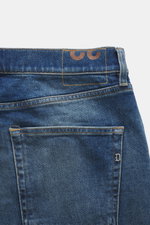 Dondup Jeans 'Icon' graublau von hinten oben, Five-Pocket-Stil, Button Fly, Icon Fit, elastische Baumwolle, Used-Waschung, Distressed-Effekte.