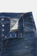 Dondup Jeans 'Icon' graublau von vorne, Denim aus elastischer Baumwolle, Used-Waschung, Distressed, Button Fly, Five-Pocket-Stil, schmaler Schnitt.