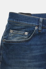 Dondup Jeans 'Icon' graublau in Nahaufnahme von vorne, Denim aus elastischer Baumwolle, Used-Waschung, Distressed, Button Fly, Five-Pocket-Stil, Icon Fit, schmal zulaufend.