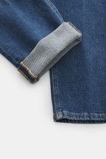 Dondup Jeans 'Icon' graublau, Detailfoto vom Bein mit umgeschlagenem Saum, Denim aus elastischer Baumwolle, Five-Pocket-Stil, Button Fly.