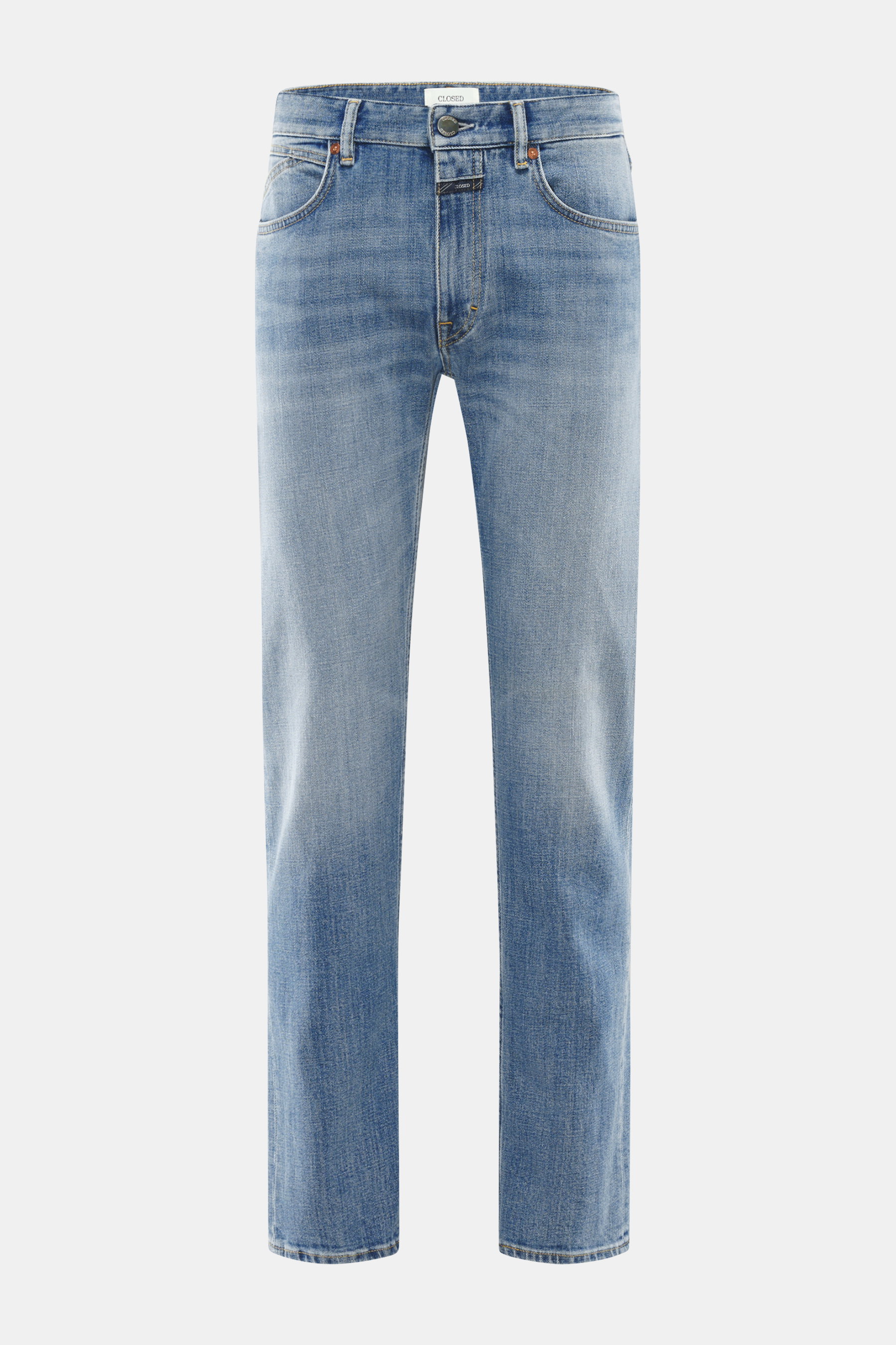 Front view of Closed Jeans 'Cooper' smoky blue slim fit, slightly tapered cotton denim with slight stretch, five-pocket style, zip fly, and typical CLOSED woven label.

Description: <p>The Slim Fit Jeans 'Cooper' by the Hamburg denim label CLOSED is made 