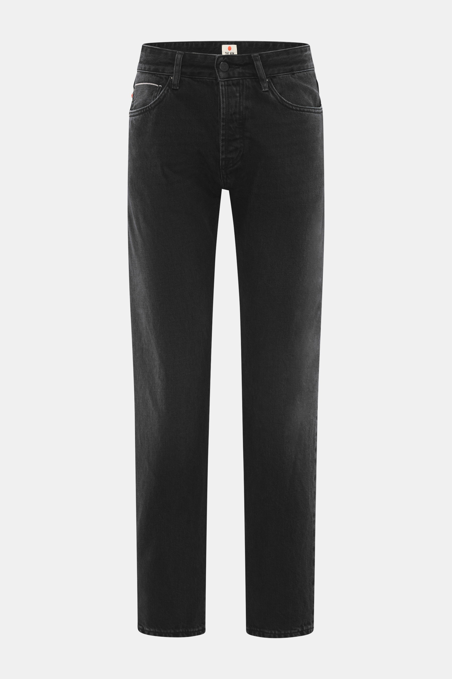 The.Nim Standard Jeans 'Reed' schwarz, Frontansicht, kurze tapered Jeans aus japanischem Selvedge-Denim, reine Baumwolle, Five-Pocket, Button Fly