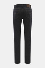 Moorer Jeans 'Milton' dark navy, Rückansicht, Slim Fit, leicht schmal zulaufend, Denim elastische Baumwolle, weicher Griff, Zip Fly, Five-Pocket-Stil, Münztasche mit Sticklogo, Gesäßtaschen mit Stitching, Leather-Patch.