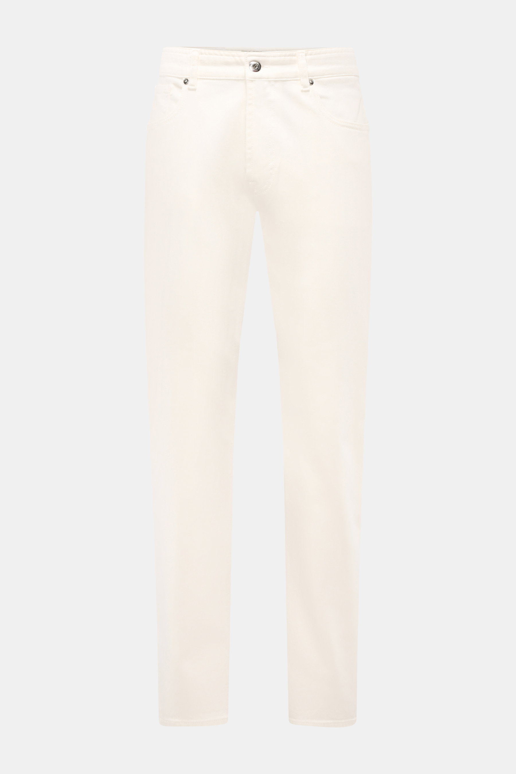 Front view of Moorer Jeans 'Milton' offwhite, elastic cotton denim with soft touch, button fly, five-pocket style, and leather patch.