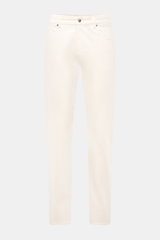 Front view of Moorer Jeans 'Milton' offwhite, elastic cotton denim with soft touch, button fly, five-pocket style, and leather patch.