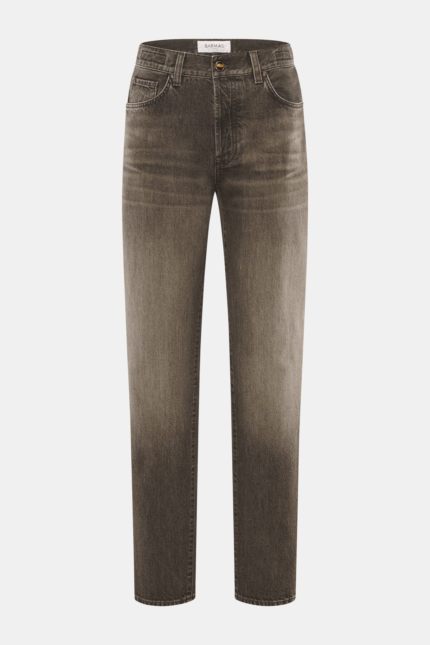 Vorderansicht der Barmas Venezia Jeans 'Denver' graubraun aus Denim reiner Baumwolle, Regular Fit, schmal zulaufend, Five-Pocket, Button Fly, Leather Patch, leicht griffig.