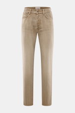 Front view of Barmas Venezia Jeans 'Denver' light brown, denim made from pure cotton with slightly grippy texture, Regular Fit, tapered, five-pocket style, button fly, and leather patch.