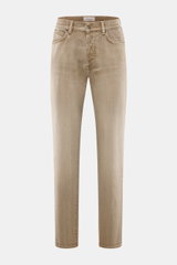 Front view of Barmas Venezia Jeans 'Denver' light brown, denim made from pure cotton with slightly grippy texture, Regular Fit, tapered, five-pocket style, button fly, and leather patch.
