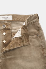 Close-up front view of Barmas Venezia Jeans 'Denver' light brown showing button fly, slightly grippy denim made from pure cotton, regular fit, tapered, five-pocket style, and leather patch.