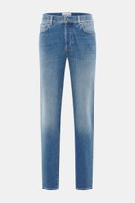 Front view of Barmas Venezia Jeans 'Denver' smoky blue, denim made of cotton with slightly elastic quality and textured feel, Regular Fit, tapered, five-pocket style, button fly, and leather patch.