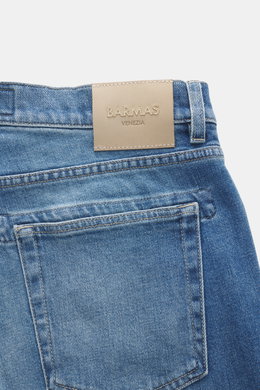 Close-up rear view of Barmas Venezia Jeans 'Denver' smoky blue showing denim made of cotton with slightly elastic quality and textured feel, Regular Fit, tapered, five-pocket style, button fly, and leather patch on waistband.