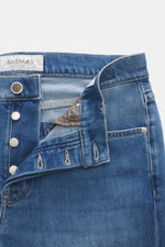 Close-up front view of Barmas Venezia Jeans 'Denver' smoky blue showing button fly, five-pocket style, leather patch, denim made of cotton with slightly elastic, textured feel, regular fit, tapered.