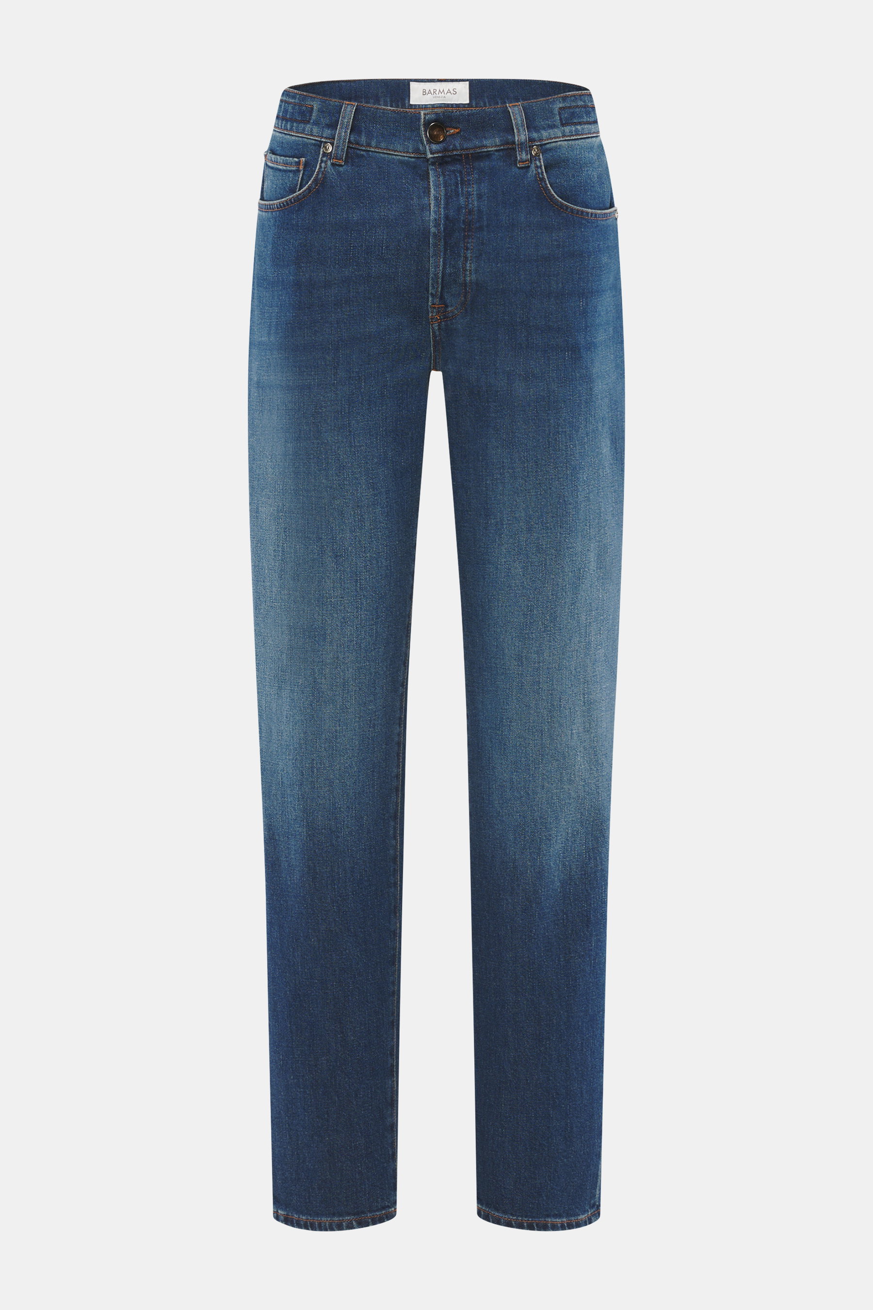Barmas Venezia Jeans 'Denver' dunkelblau, Frontansicht, Denim aus Baumwolle, leicht elastisch, griffig, Regular Fit, schmal zulaufend, Five-Pocket, Button Fly, Leather Patch.