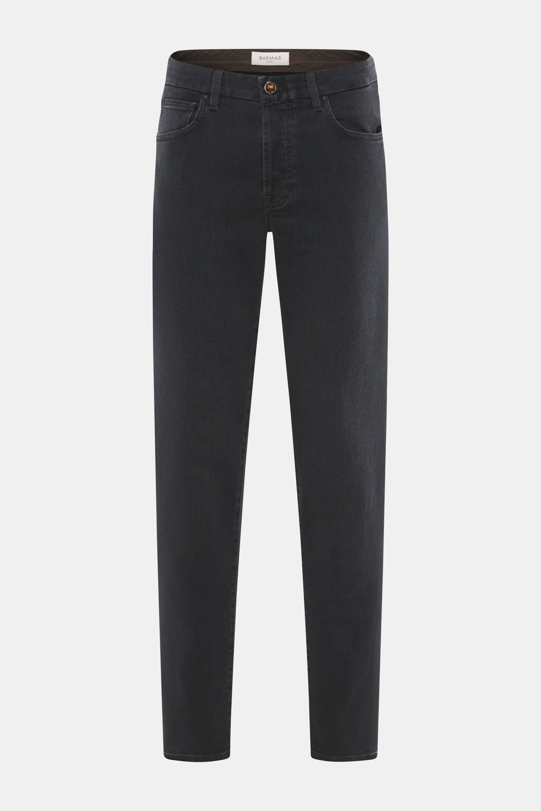 Frontaufnahme der Barmas Venezia Jeans 'Denver' anthrazit, Denim aus Baumwolle mit Cashmere, leicht elastisch, weicher Griff, Regular Fit, schmal zulaufend, Five-Pocket-Stil, Button Fly, geprägtes Leather Patch.