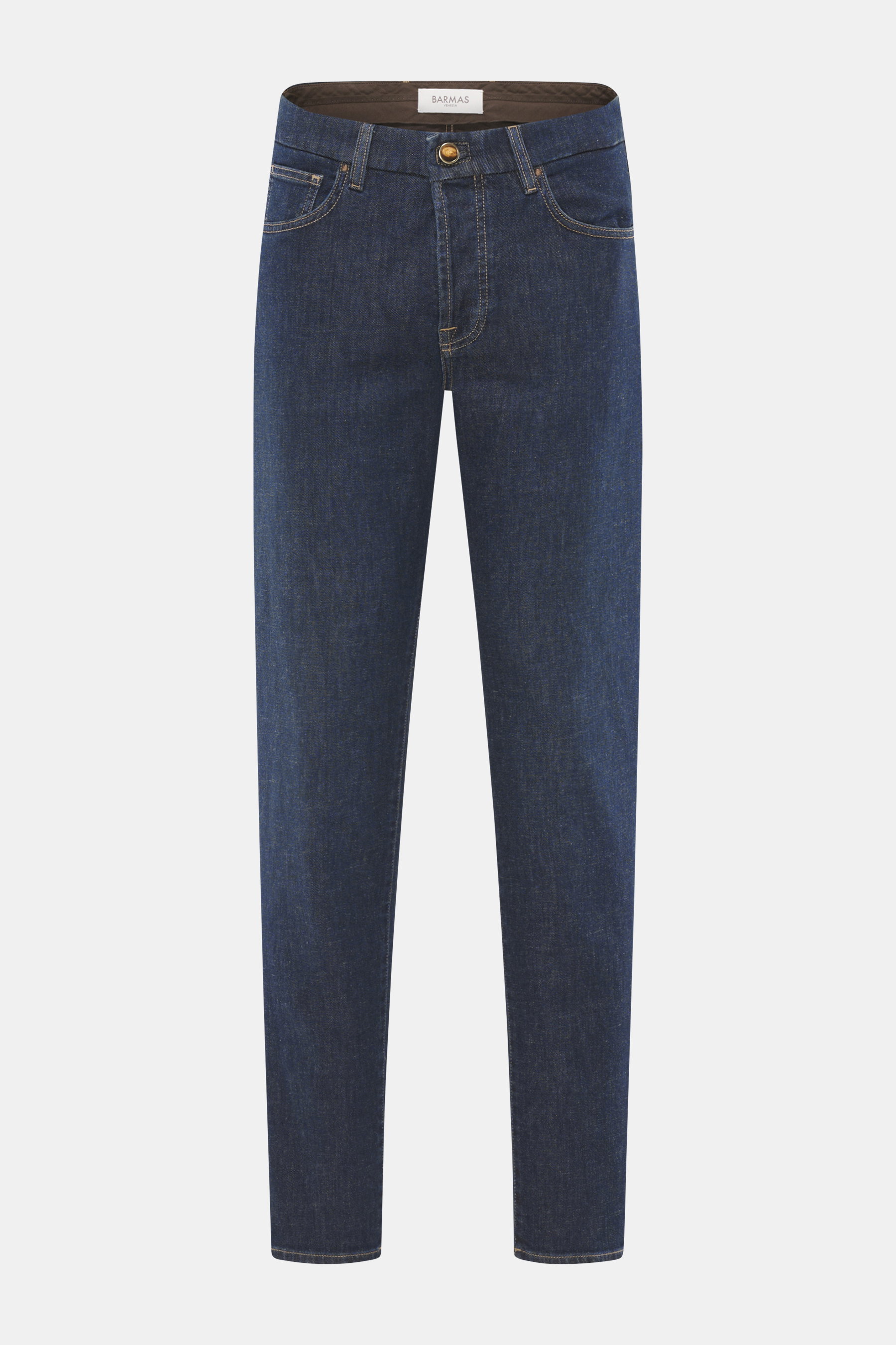 Frontale Aufnahme der Barmas Venezia Jeans 'Denver' navy aus Denim mit Baumwolle und Cashmere, Regular Fit, schmal zulaufend, Five-Pocket-Stil, Button Fly, mit weichem Griff und geprägtem Leather Patch.