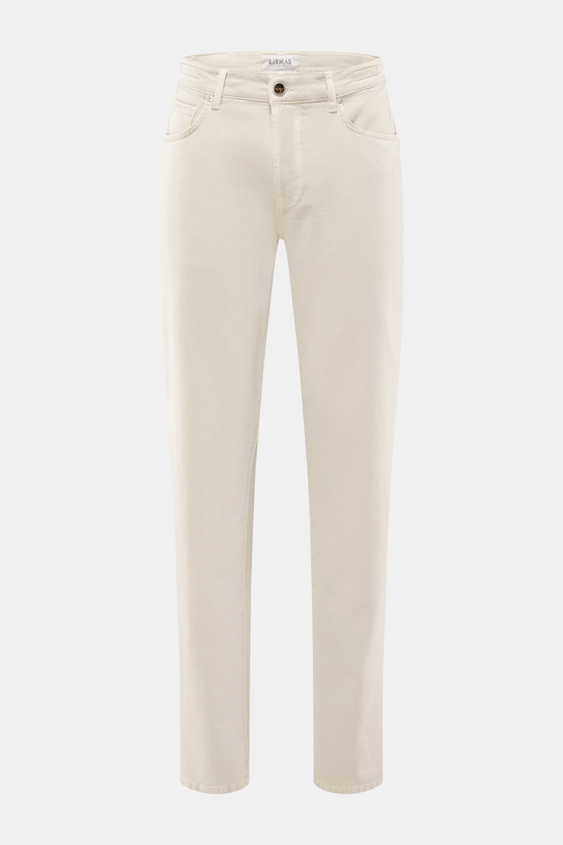 Vorderansicht der Barmas Venezia Jeans 'Denver' beige aus Baumwolle mit Cashmere, Regular Fit, schmal zulaufend, Five-Pocket-Stil, Button Fly, geprägt.
