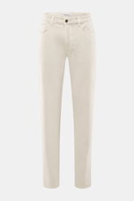 Front view of Barmas Venezia Jeans 'Denver' beige, denim made from cotton with cashmere, slightly elastic, soft touch, Regular Fit, tapered slim fit, five-pocket style, button fly, embossed leather patch.