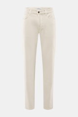 Front view of Barmas Venezia Jeans 'Denver' beige, denim made from cotton with cashmere, slightly elastic, soft touch, Regular Fit, tapered slim fit, five-pocket style, button fly, embossed leather patch.