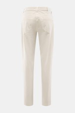 Barmas Venezia Jeans 'Denver' beige shown from the back, made of denim with cotton and cashmere, slightly elastic, soft touch, Regular Fit, tapered slim fit, five-pocket style, button fly, embossed leather patch.