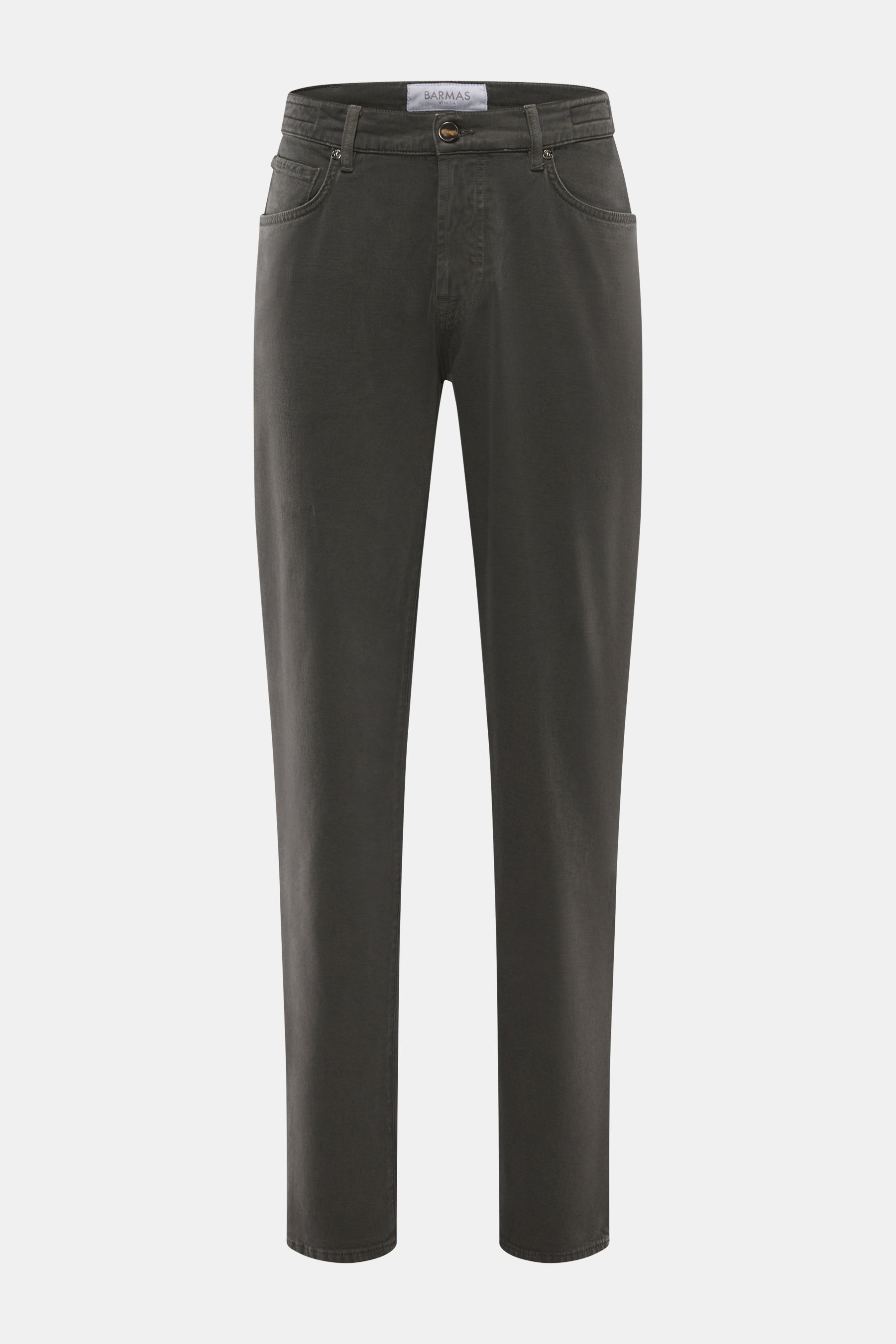 Frontansicht der Barmas Venezia Jeans 'Denver' grau aus Baumwolle mit Cashmere, Regular Fit, Five-Pocket-Stil, Button Fly, schmal zulaufend, geprägt am Leather Patch, weich und leicht elastisch.