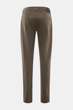 Back view of Barmas Venezia Jeans 'Denver' brown, denim made from cotton with cashmere, slightly elastic, soft touch, regular fit, tapered slim fit, five-pocket style, button fly, embossed leather patch.