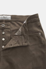 Close-up front view of Barmas Venezia Jeans 'Denver' brown, showing button fly, five-pocket style, embossed leather patch, made of denim cotton with cashmere, slightly elastic, soft touch, regular fit, tapered slim fit.