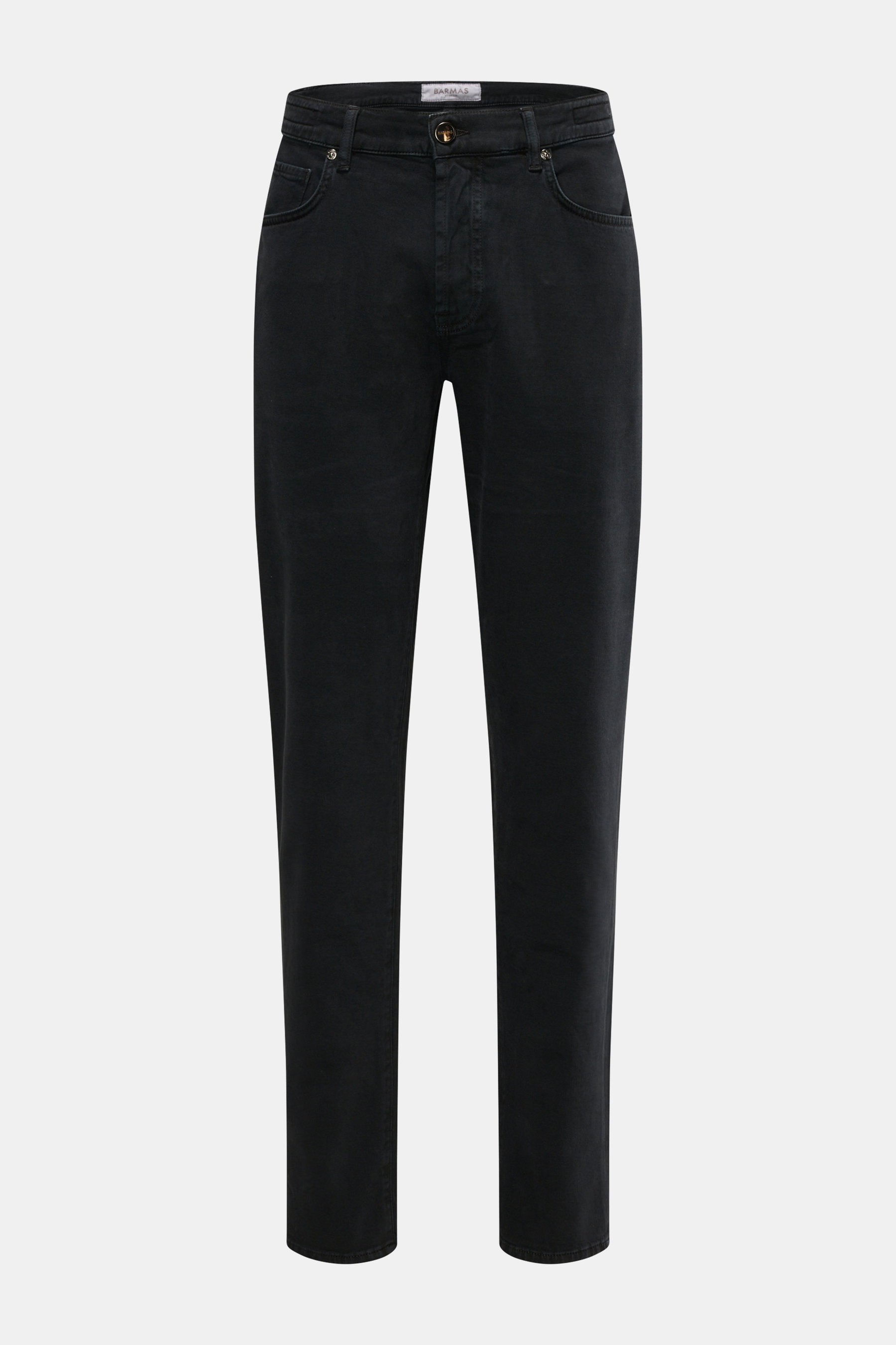 Barmas Venezia Jeans 'Denver' navy, frontale Ansicht, Denim aus Baumwolle mit Cashmere, leicht elastisch, weicher Griff, Regular Fit, schmal zulaufend, Five-Pocket-Stil, Button Fly, geprägtes Leather Patch.