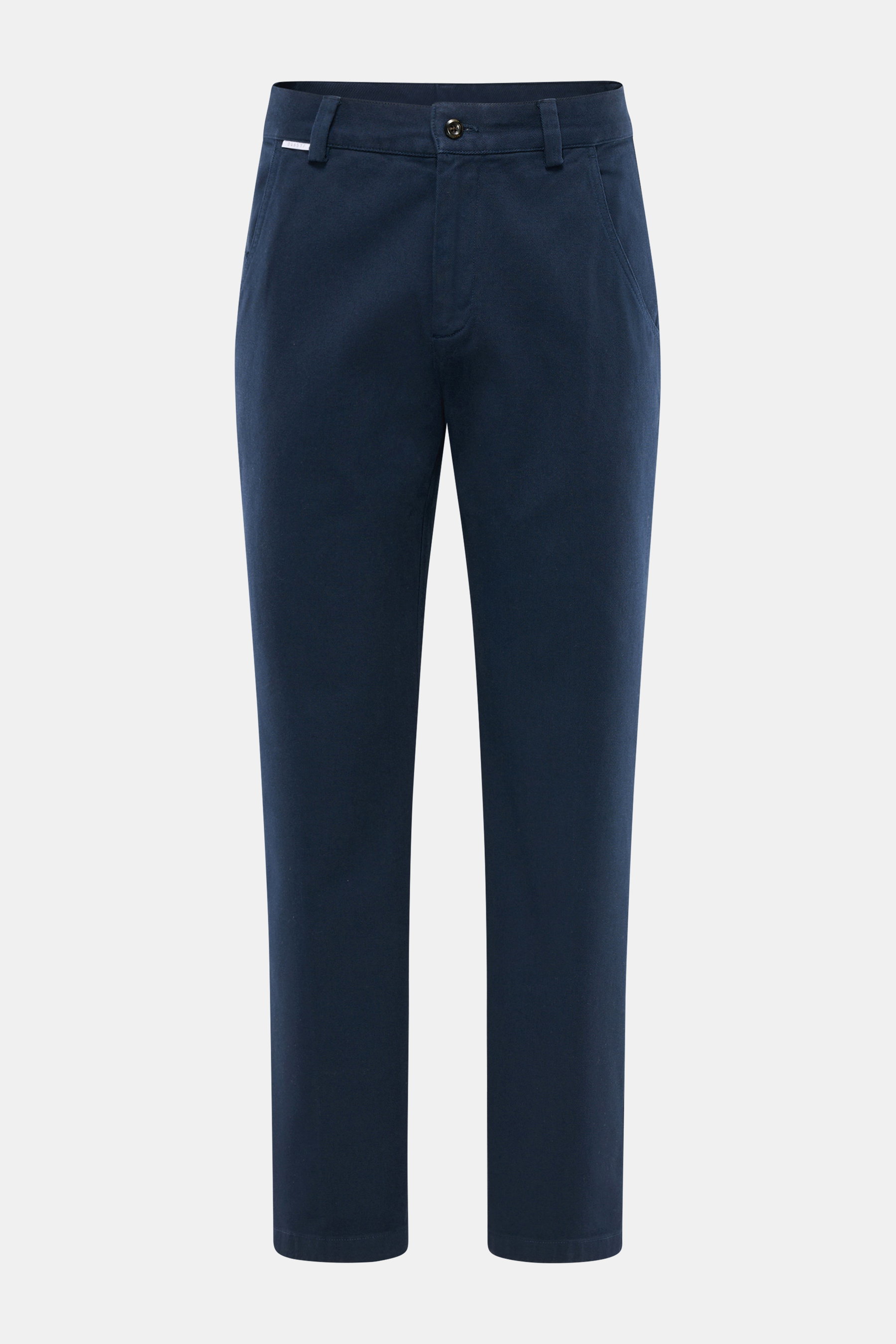 Front view of 04651/ A trip in a bag Baumwoll-Jogpants 'Flex Light' navy, smart casual cotton jogpants with elastic cotton, soft touch, regular fit, short cut, tapered legs, zipper and button, partially elastic waistband, small label, French pockets, back