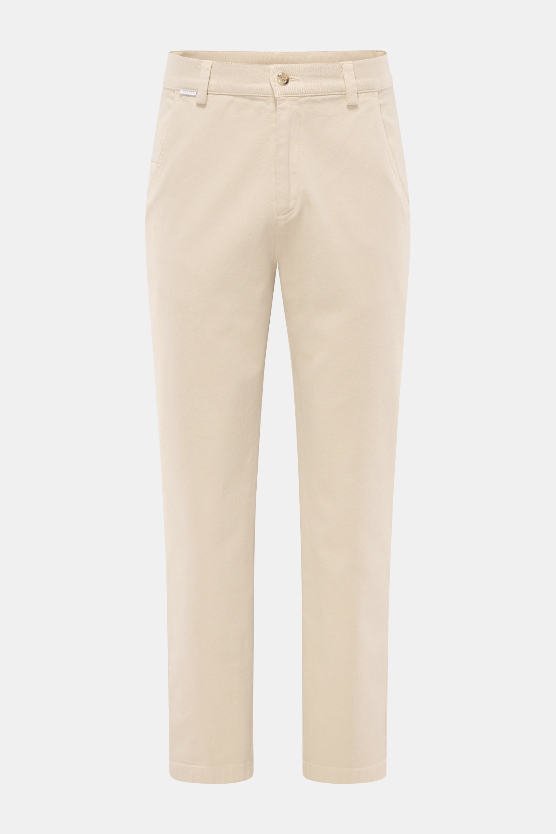 Front view of 04651/ A trip in a bag Cotton Pants 'Bull Denim' navy in beige cotton twill, elastic quality, tapered fit, ankle-length, with zipper, button, French pockets, coin pocket, woven label, patch back pockets.
