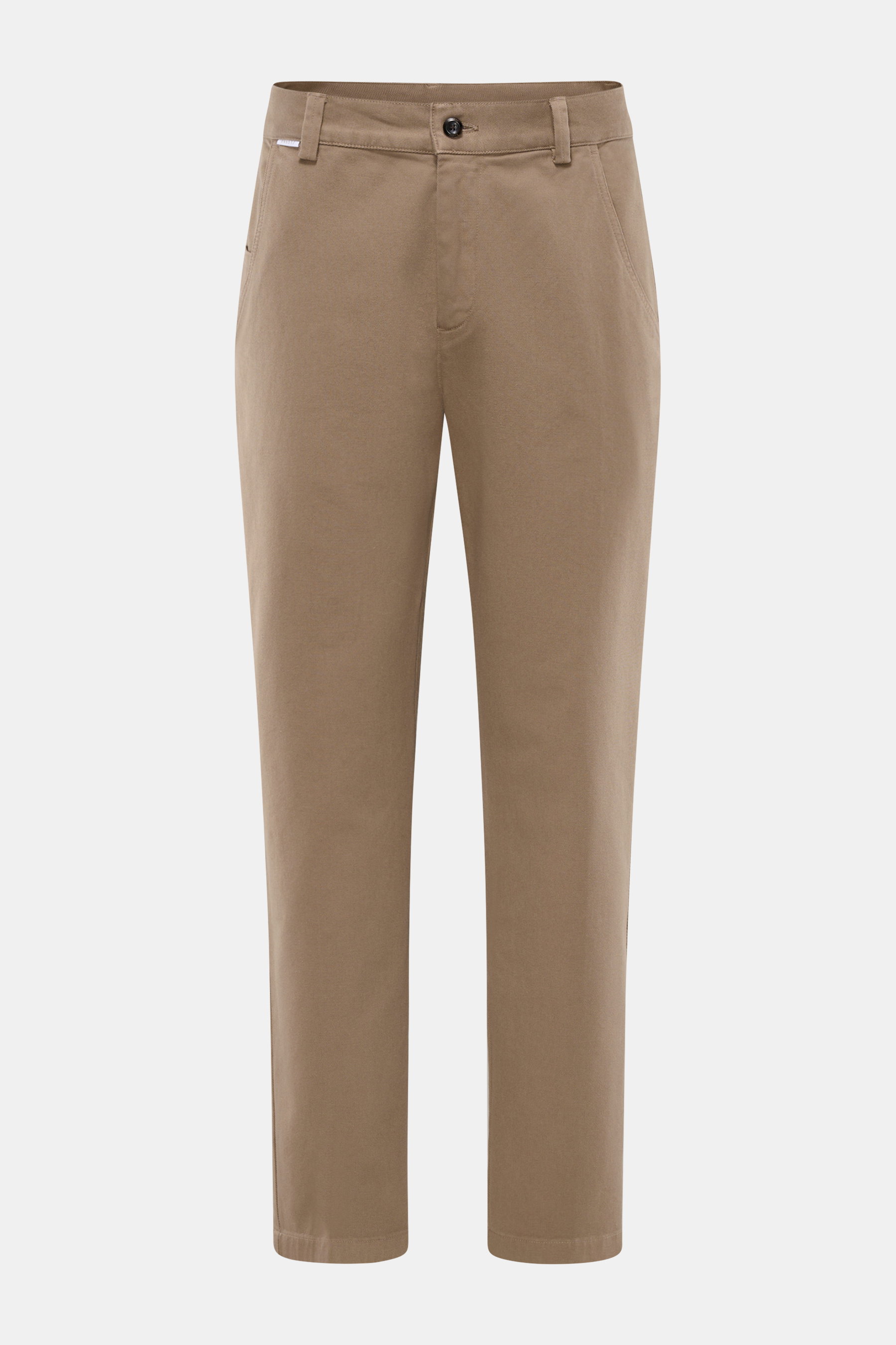 Front view of 04651/ A trip in a bag Baumwollhose 'Bull Denim' sand, smart casual cotton twill pants with tapered fit, elastic quality, regular thigh width, ankle length, zipper and button closure, French pockets, small coin pocket, small woven label, and