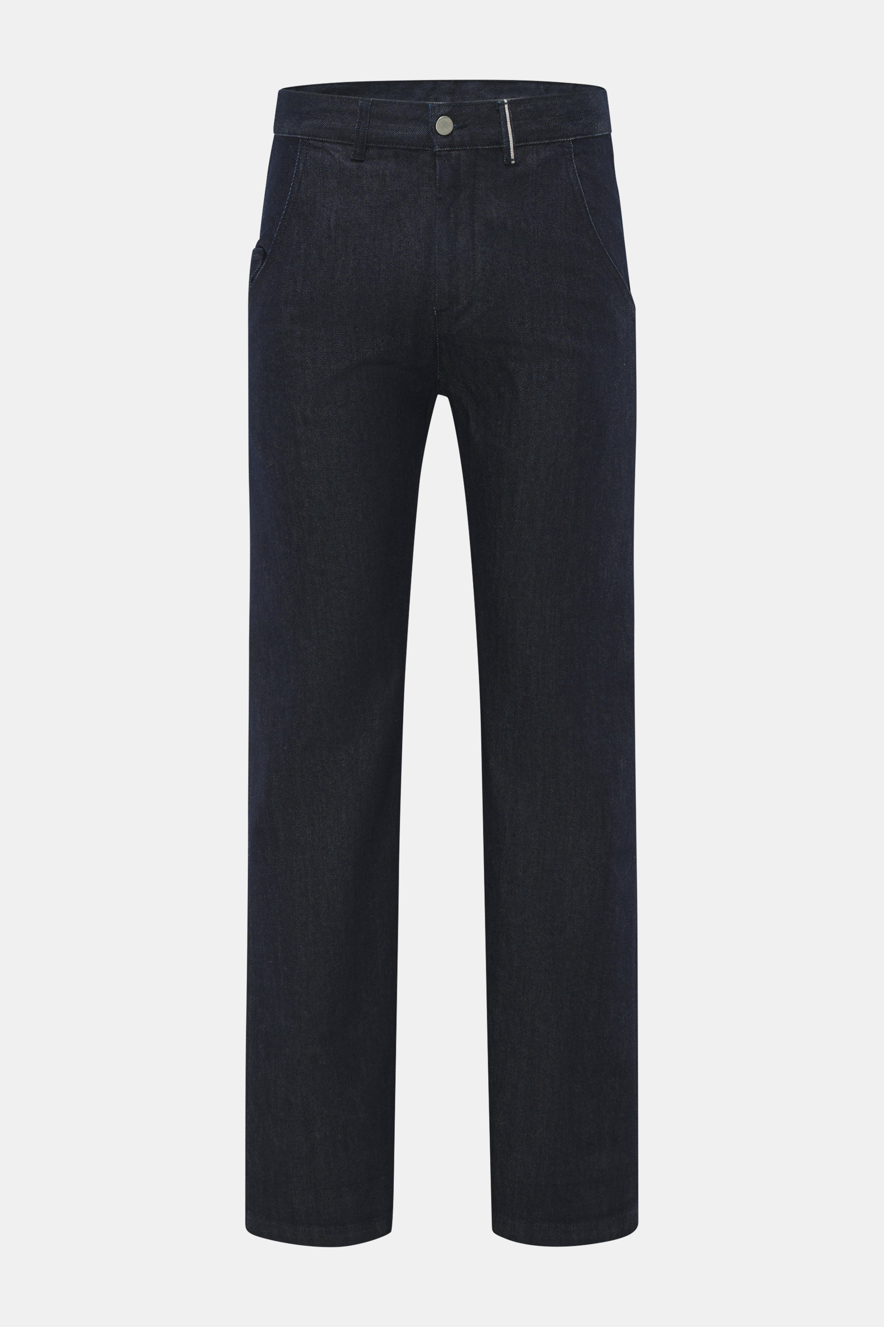 Front view of 04651/ A trip in a bag Jeans 'Japanese Denim' navy, slim fit, straight cut, Japanese selvedge denim, pure cotton, slightly elastic, grippy texture, zipper, waistband button, large French pockets, two small workwear pockets, patch back pocket