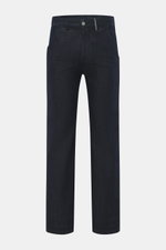 Frontansicht der 04651/ A trip in a bag Jeans 'Japanese Denim' navy aus japanischem Selvedge-Denim, Slim Fit, gerader Schnitt mit Reißverschluss, Bundknopf, großen französischen Taschen, zwei kleinen Workwear-Taschen, aufgesetzten Gesäßtaschen, leicht ela