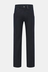 Frontansicht der 04651/ A trip in a bag Jeans 'Japanese Denim' navy aus japanischem Selvedge-Denim, Slim Fit, gerader Schnitt mit Reißverschluss, Bundknopf, großen französischen Taschen, zwei kleinen Workwear-Taschen, aufgesetzten Gesäßtaschen, leicht ela