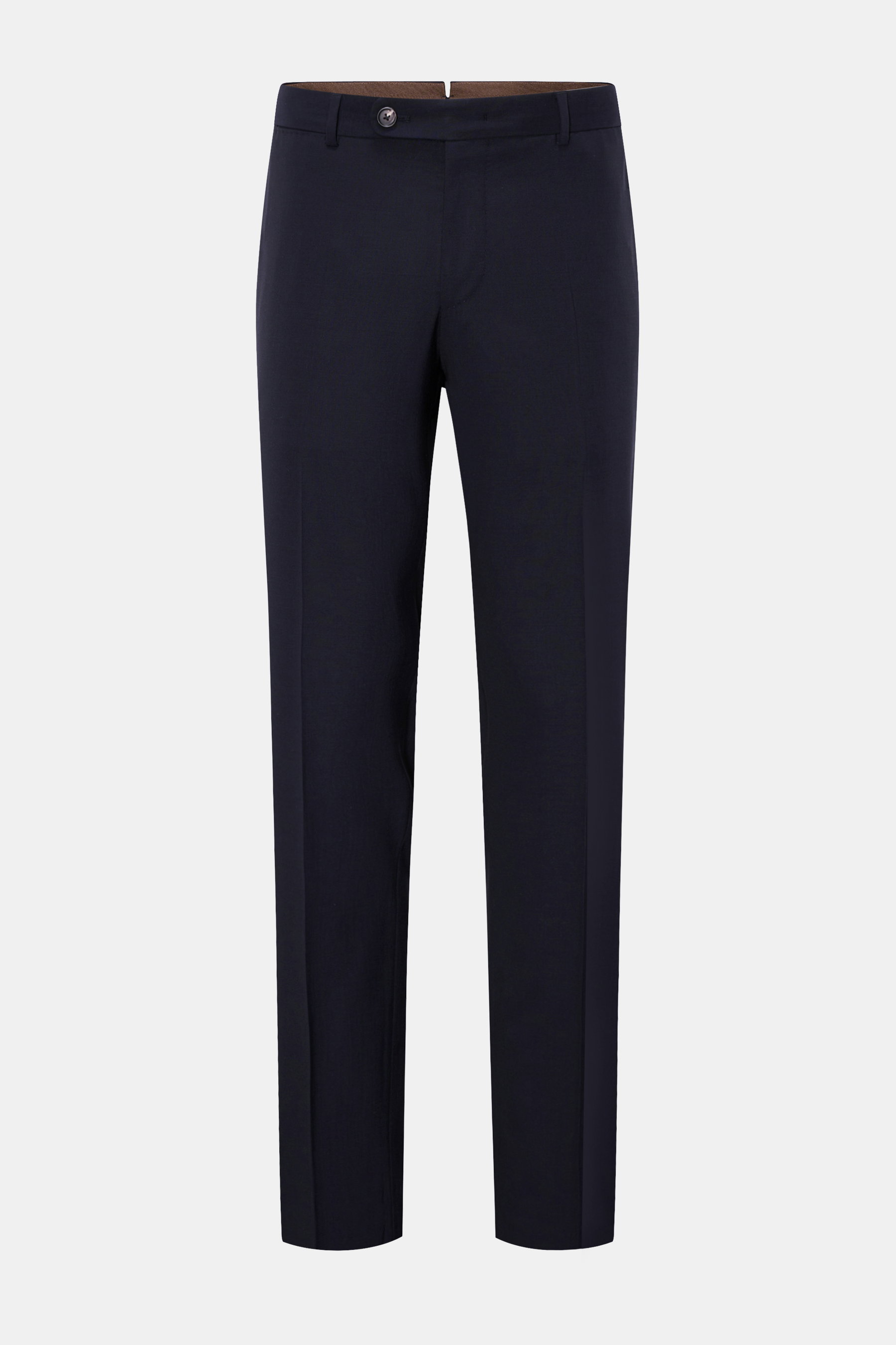 Front view of Windsor Wool trousers 'Bene' navy, a classic men's wool poplin trouser with elasticated fabric, single pleat, French pockets, and buttoned back pockets, featuring a regular fit and slightly tapered cut with zip and waist buttons. 

Descripti