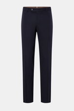 Windsor Wollhose 'Bene' navy, frontal fotografiert, Regular Fit aus elastischer Wolle mit Bundfalte, Reißverschluss, französischen Taschen und Knöpfen.