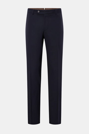 Windsor Wollhose 'Bene' navy, frontal fotografiert, Regular Fit aus elastischer Wolle mit Bundfalte, Reißverschluss, französischen Taschen und Knöpfen.