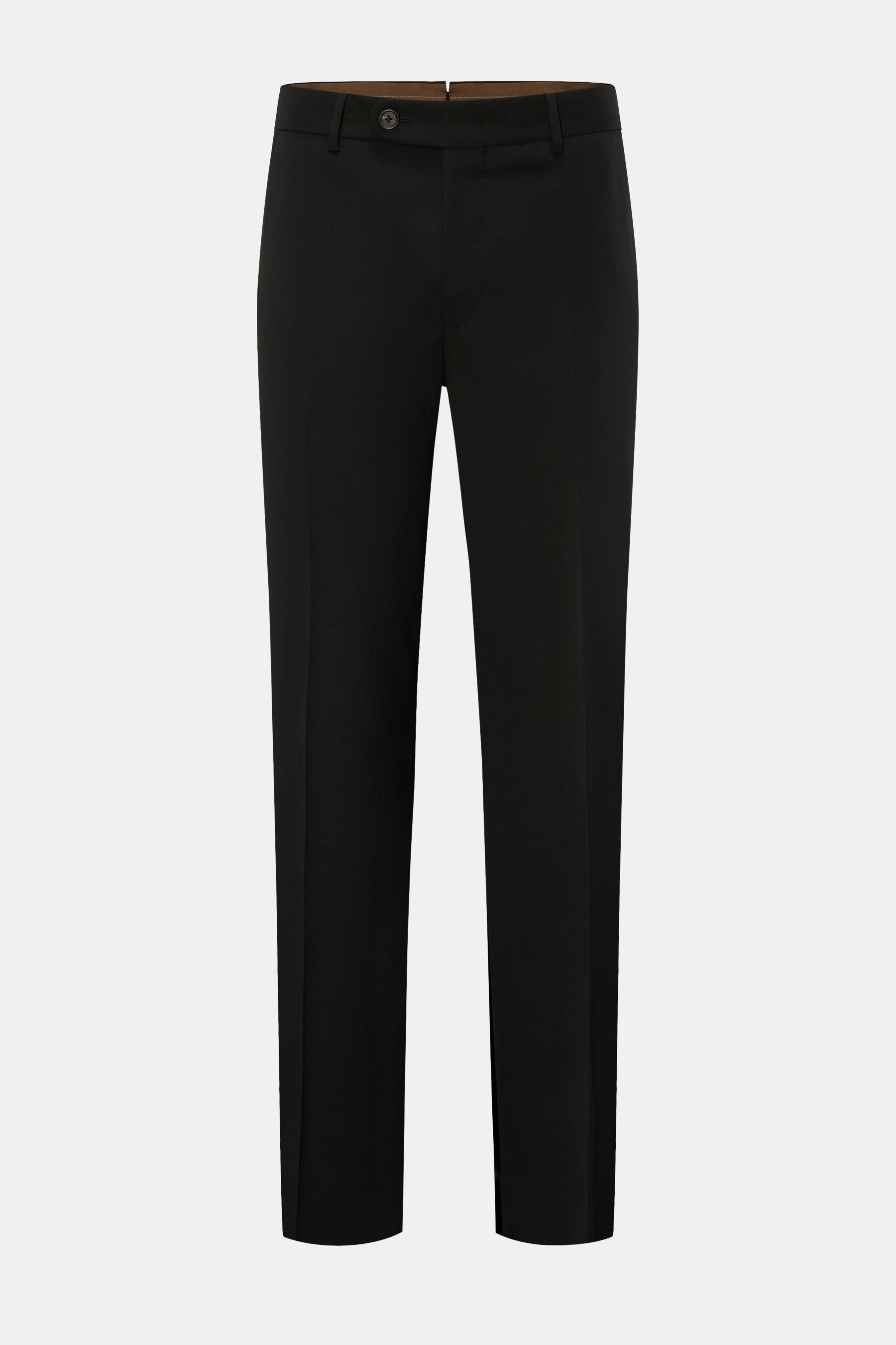 Front view of Windsor Wool trousers 'Bene' black, classic men's wool poplin trousers with elasticated fabric, regular fit, single pleat, French pockets, and back button pockets. 

Description: <p>A classic pair of men’s trousers: with the model 'Bene', la