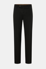 Frontale Aufnahme der Windsor Wollhose 'Bene' schwarz aus elastischer Wolle mit Regular Fit, Bundfalte, französischen Taschen und Knopfverschluss.