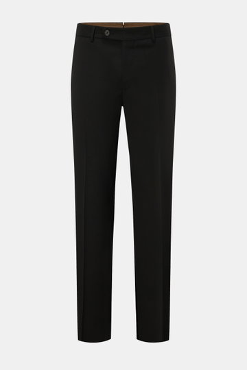 Front view of Windsor Wool trousers 'Bene' black, classic men's wool poplin trousers with elasticated fabric, regular fit, single pleat, French pockets, and back button pockets. 

Description: <p>A classic pair of men’s trousers: with the model 'Bene', la