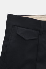 Windsor Trousers 'Silvi' dark navy melange shown from above, highlighting waistband, flap watch pocket, and fine wool-cashmere blend fabric.