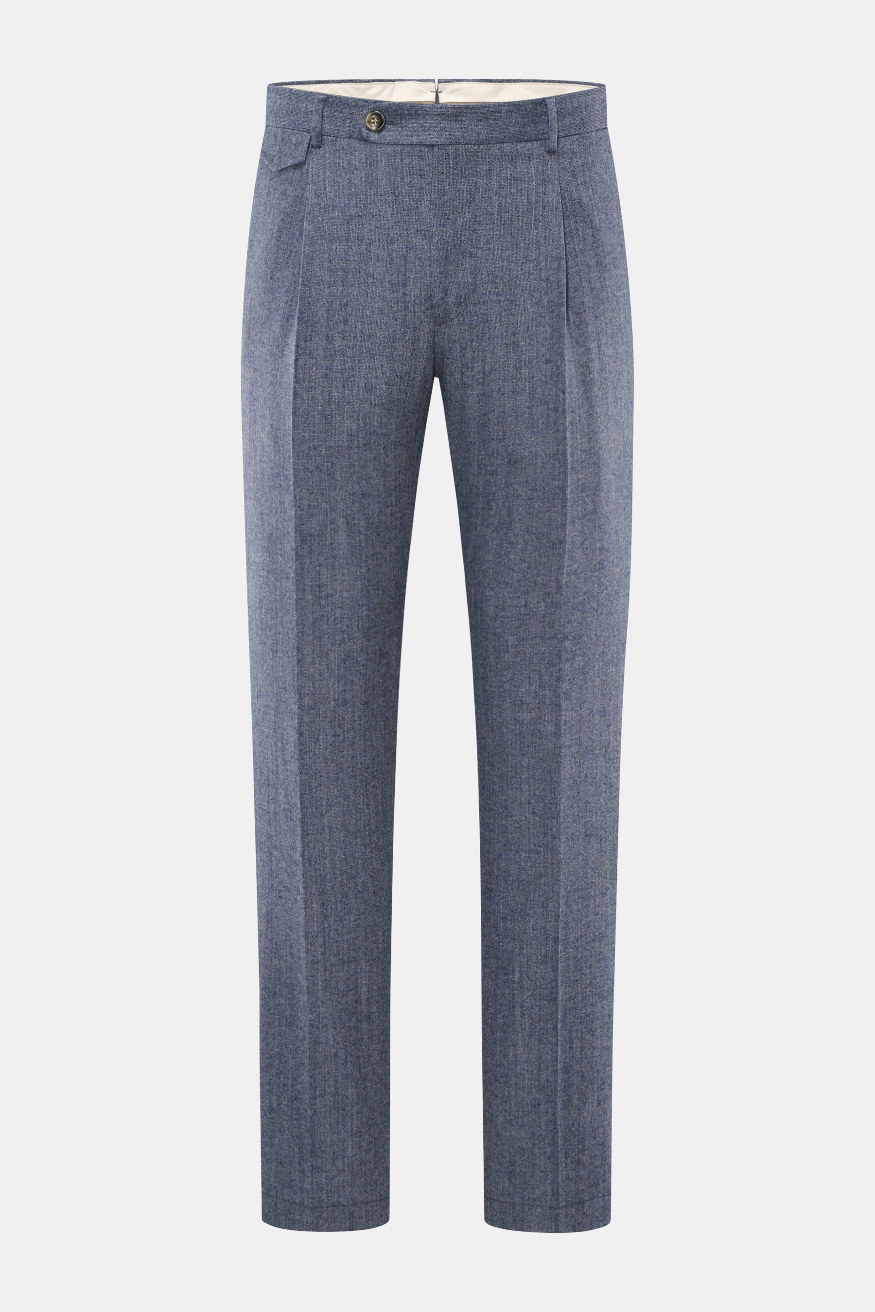 Windsor Hose 'Silvi' rauchblau meliert, Frontansicht, schmal zulaufend, knöchellang, Wolle-Cashmere-Microfaser-Mix, Bundknopf, französische Taschen.
