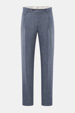 Front view of Windsor Trousers 'Silvi' smoky blue melange in a wool-cashmere-microfibre blend, with slim, tapered fit, pleats, French pockets, buttoned back pockets, small watch pocket with flap, zip and waist buttons. 

Description: <p>The label WINDSOR 