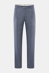 Front view of Windsor Trousers 'Silvi' smoky blue melange in a wool-cashmere-microfibre blend, with slim, tapered fit, pleats, French pockets, buttoned back pockets, small watch pocket with flap, zip and waist buttons. 

Description: <p>The label WINDSOR 
