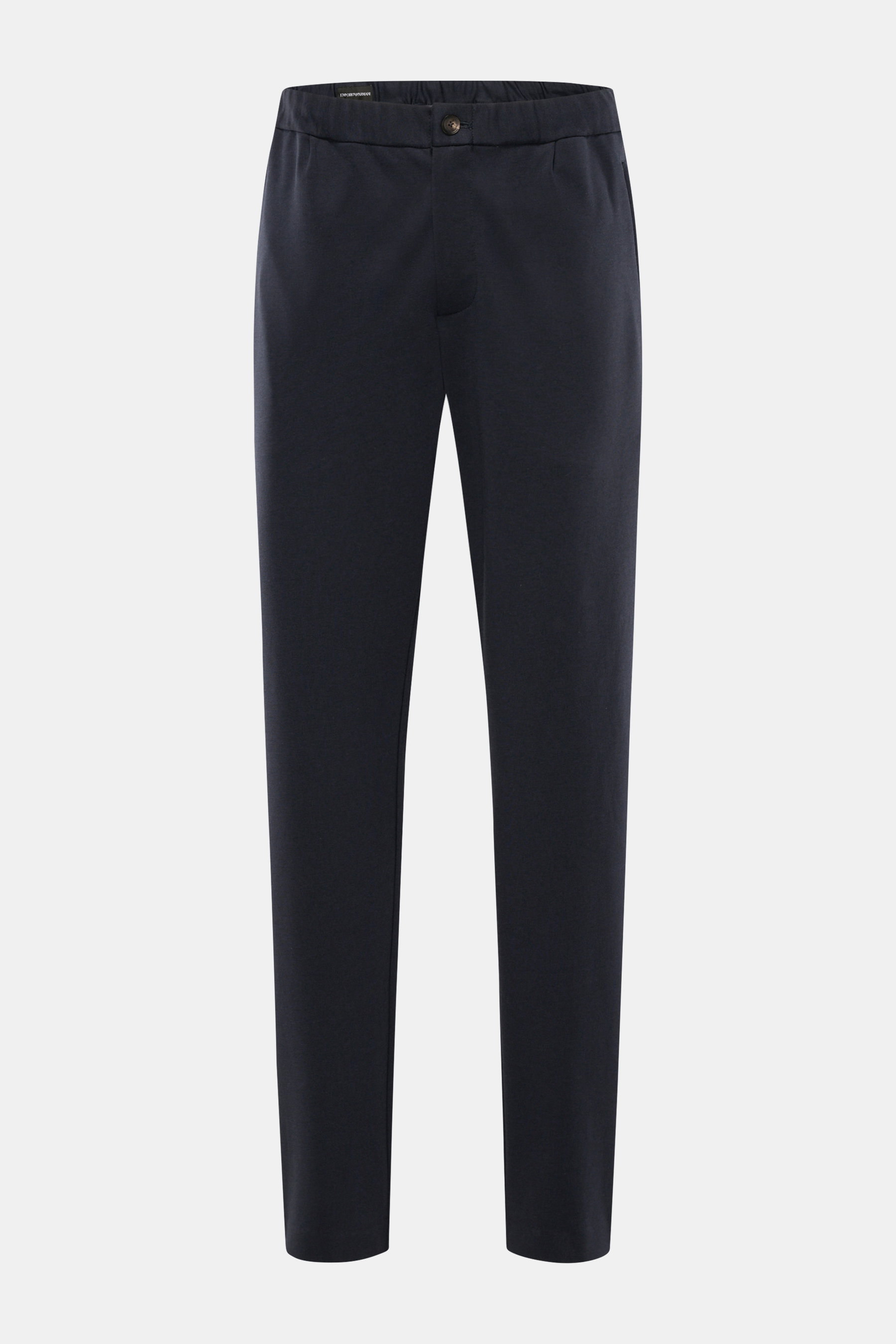 Front view of Emporio Armani Jersey-Jogpants navy in regular fit, made of soft, elastic modal-cotton mix with elastic waistband, zippered side and back welt pockets, combining timeless style and comfort for casual wear.