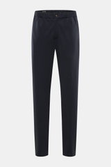 Front view of Emporio Armani Jersey-Jogpants navy in regular fit, made of soft, elastic modal-cotton mix with elastic waistband, zippered side and back welt pockets, combining timeless style and comfort for casual wear.