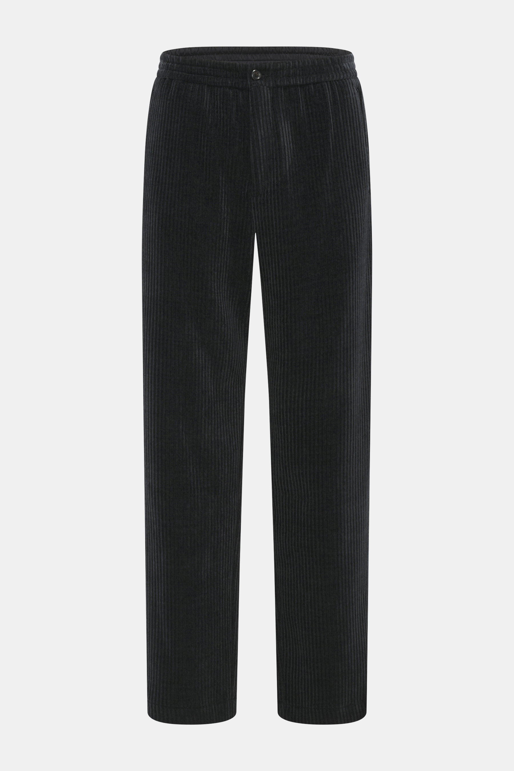 Emporio Armani Cord-Jogpants navy, frontale Ansicht, hochwertige Microfaser, softer Griff, Tapered Fit, elastischer Bund mit Bundknopf, paspelierte Taschen.