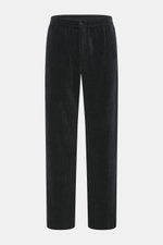 Front view of Emporio Armani Cord jogpants black made of high-quality microfiber with soft touch, tapered fit, elastic waistband with button, piped welt and back pockets.