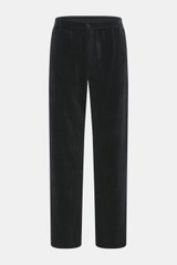 Front view of Emporio Armani Cord jogpants black made of high-quality microfiber with soft touch, tapered fit, elastic waistband with button, piped welt and back pockets.