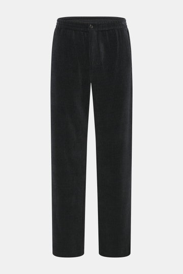 Front view of Emporio Armani Cord jogpants black made of high-quality microfiber with soft touch, tapered fit, elastic waistband with button, piped welt and back pockets.