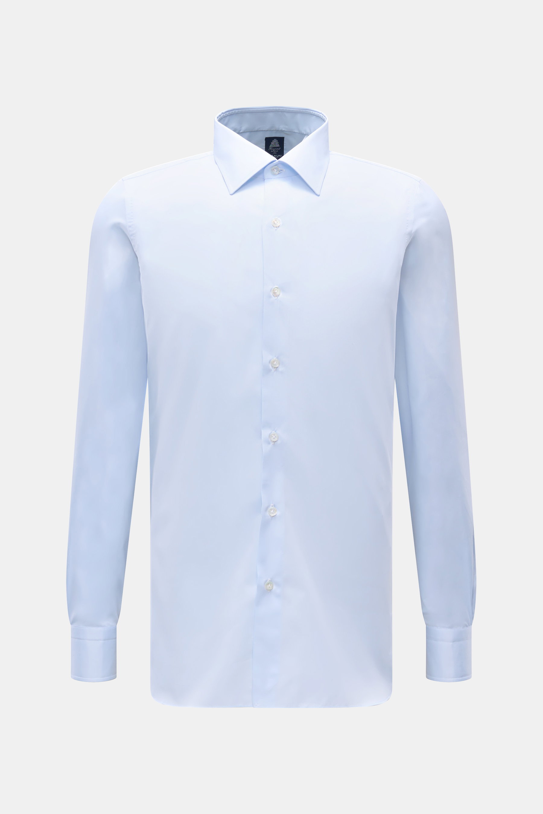 Finamore Business Hemd 'Rodi Napoli' Kent-Kragen hellblau, Slim Fit, feiner Baumwoll-Gabardine, glatter Griff, extralange Ärmel, französische Knopfleiste, Sportmanschette, gerundeter Saum, frontale Ansicht.